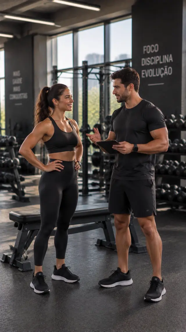 Personal trainer mostrando o celular para a aluna na academia